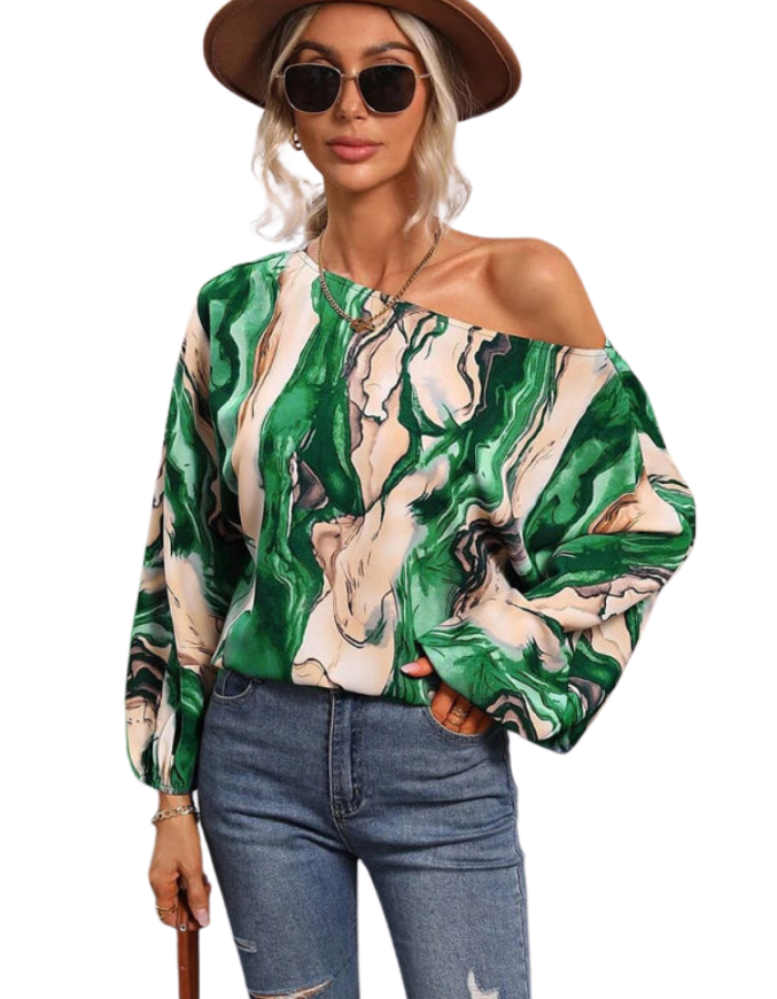 SHOPIQAT Women's Alphabet Print One Shoulder Loose Balloon Sleeve Top - Premium from shopiqat - Just $7.250! Shop now at shopiqat